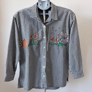 Casey Coleman Gingham Embroidered Bee Floral Spring Button Up Shirt Black S/M